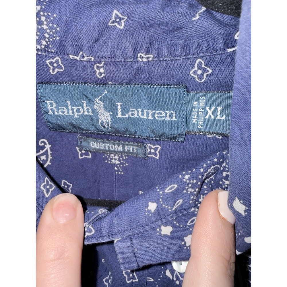 Ralph Lauren Button Up Shirt Men's XL Blue Paisley Custom Fit Button Down Retro - Picture 2 of 5